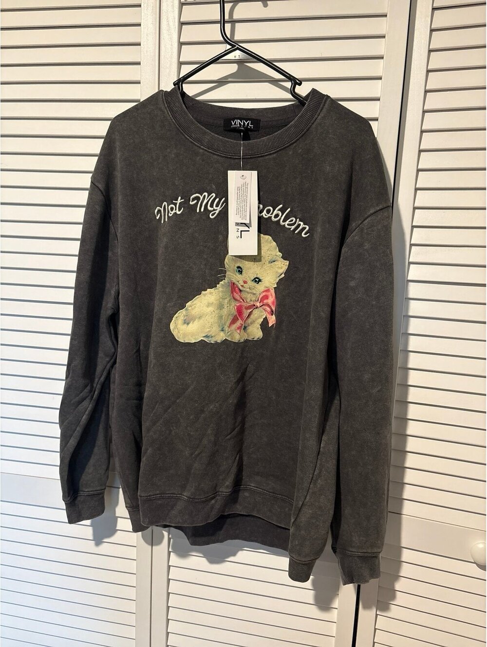 VINYL Icons "Not My Problem" Cat Graphic Washed Sweatshirt